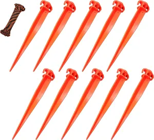 (10) 16" Tent Pegs With (1) 5/32"x 50ft Black/Orange Paracord Rope. Garden Stakes Durable and Strong Plastic Tent Stakes for Beach Mat, Camping, Hiking, Garden, Landscape Stakes, Orange, UV Resistant