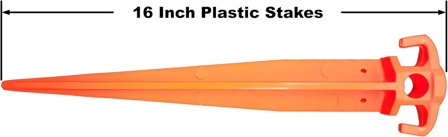 (10) 16" Tent Pegs With (1) 5/32"x 50ft Black/Orange Paracord Rope. Garden Stakes Durable and Strong Plastic Tent Stakes for Beach Mat, Camping, Hiking, Garden, Landscape Stakes, Orange, UV Resistant