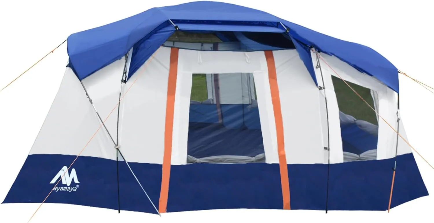 10 Person Tent - AYAMAYA Waterproof Multi Room Large Family Camping Tents with Skylight & Removable Rainfly, Portable Huge Cabin Tent 2 Doors with Porch, 4 Mesh Windows, Projection Screen for Camping