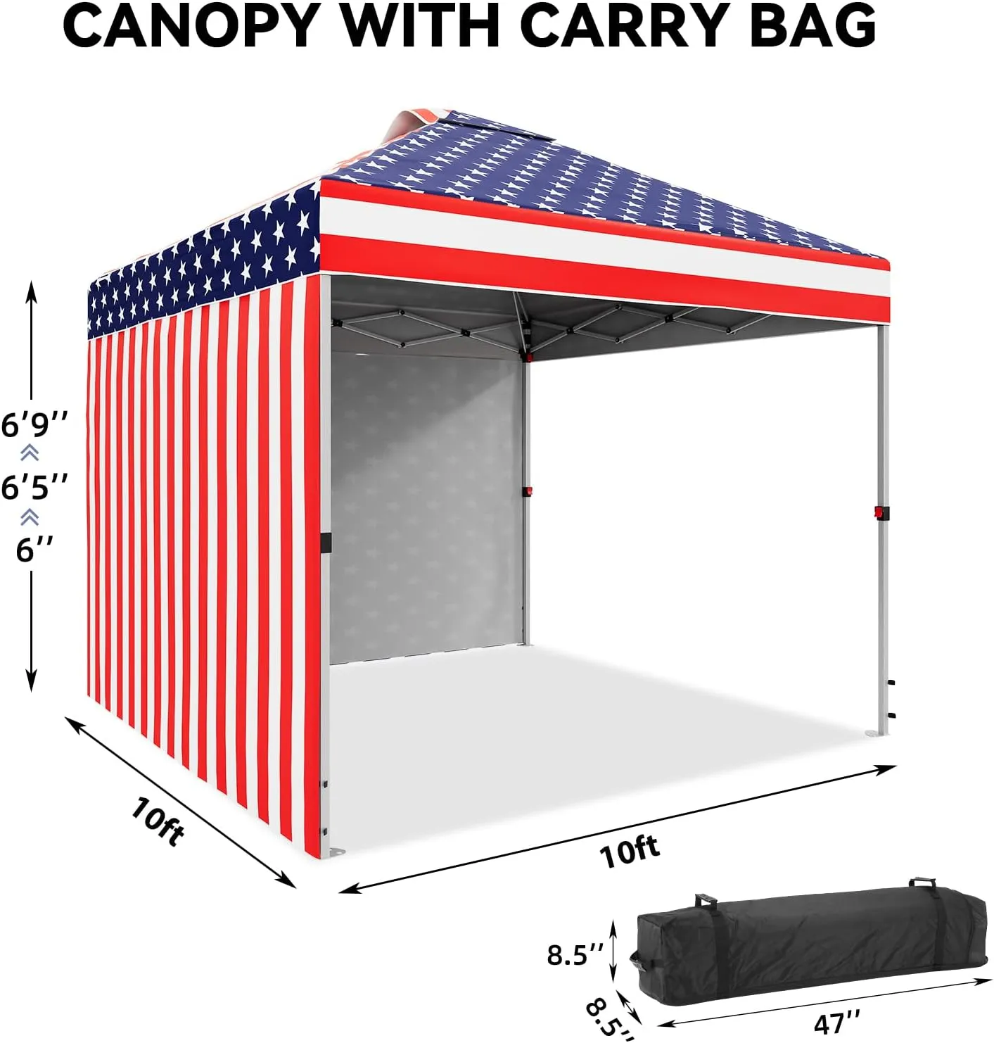 10 x 10 Pop Up Canopy, All Season Instant Canopy with 2 Sidewalls and Vented Roof, Portable Party Tent with Wheeled Carry Bag and Sandbag for Camping, Picnic, Party, Red, White and Blue
