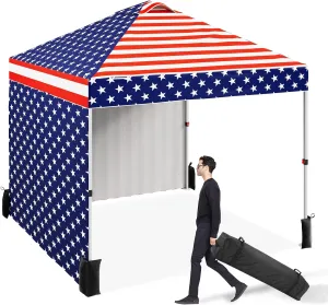 10 x 10 Pop Up Canopy, All Season Instant Canopy with 2 Sidewalls and Vented Roof, Portable Party Tent with Wheeled Carry Bag and Sandbag for Camping, Picnic, Party, Red, White and Blue