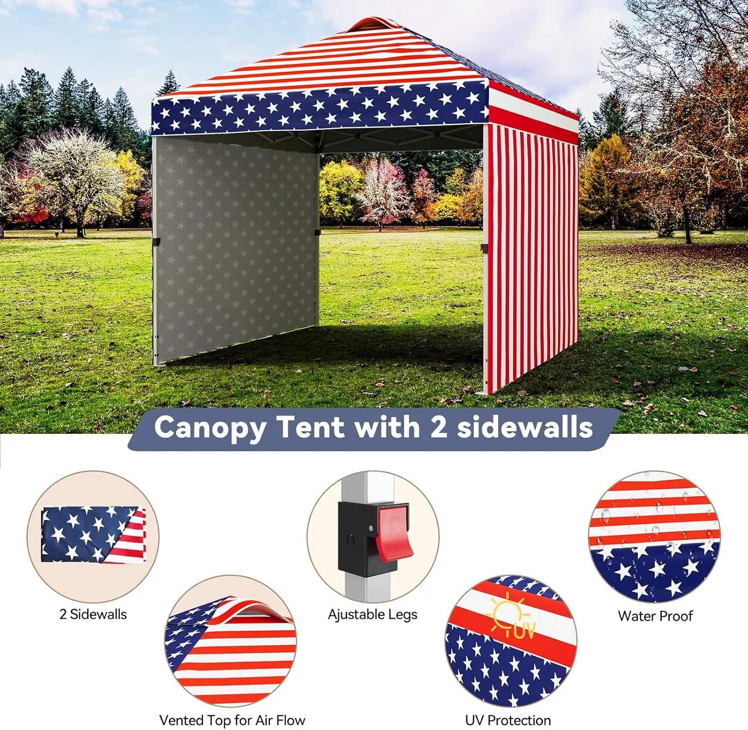 10 x 10 Pop Up Canopy, All Season Instant Canopy with 2 Sidewalls and Vented Roof, Portable Party Tent with Wheeled Carry Bag and Sandbag for Camping, Picnic, Party, Red, White and Blue