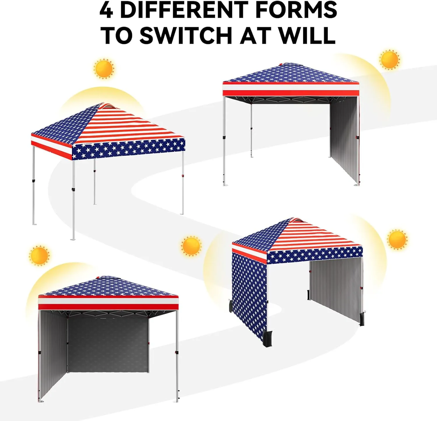 10 x 10 Pop Up Canopy, All Season Instant Canopy with 2 Sidewalls and Vented Roof, Portable Party Tent with Wheeled Carry Bag and Sandbag for Camping, Picnic, Party, Red, White and Blue