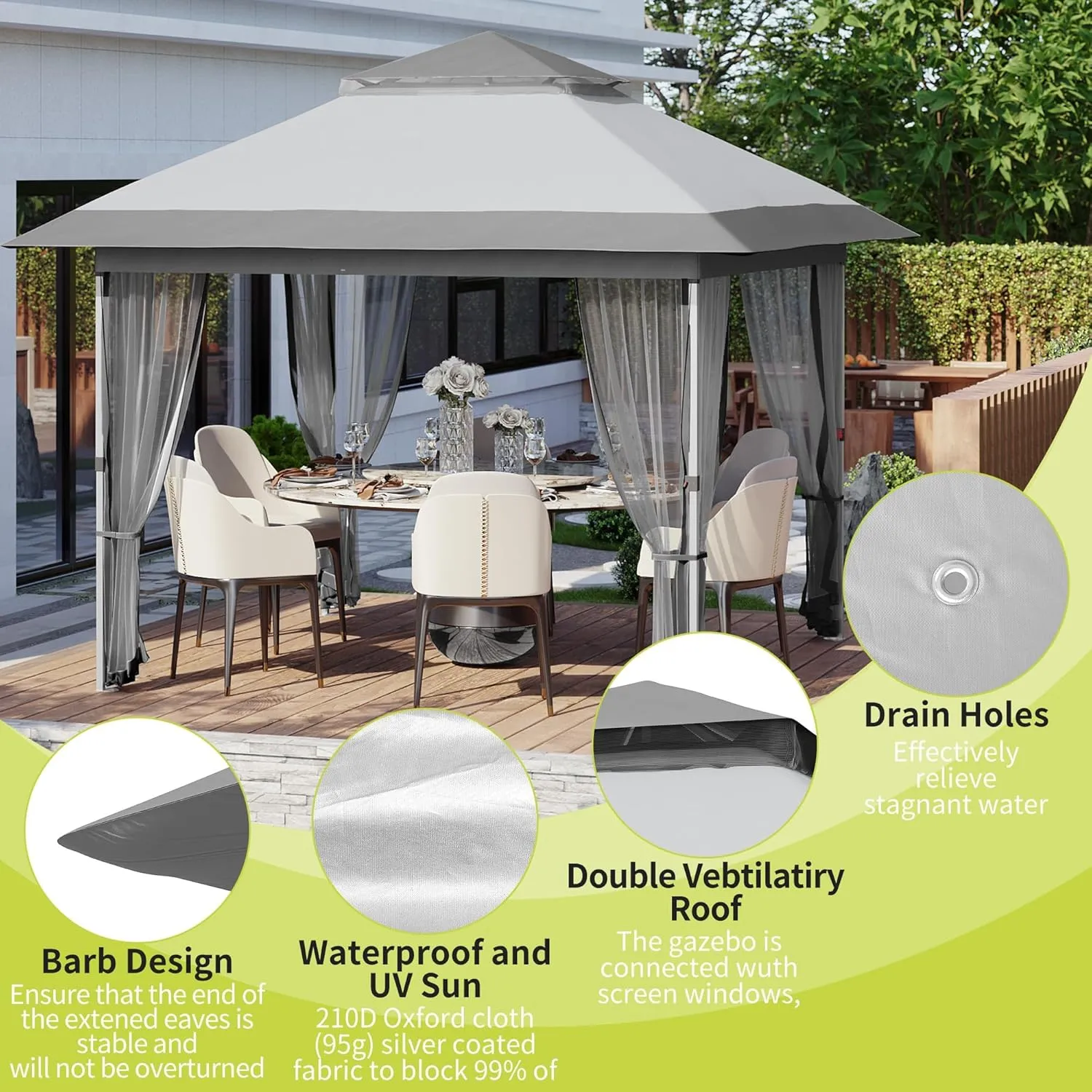 10x10 FT Canopy Tent, Pop Up Gazebo with Mosquito Netting, Adjustable Height Outdoor Gazebo with Wheeled Carry Bag for Backyard, Garden, Patio -All-Weather UV/Waterproof Shelter