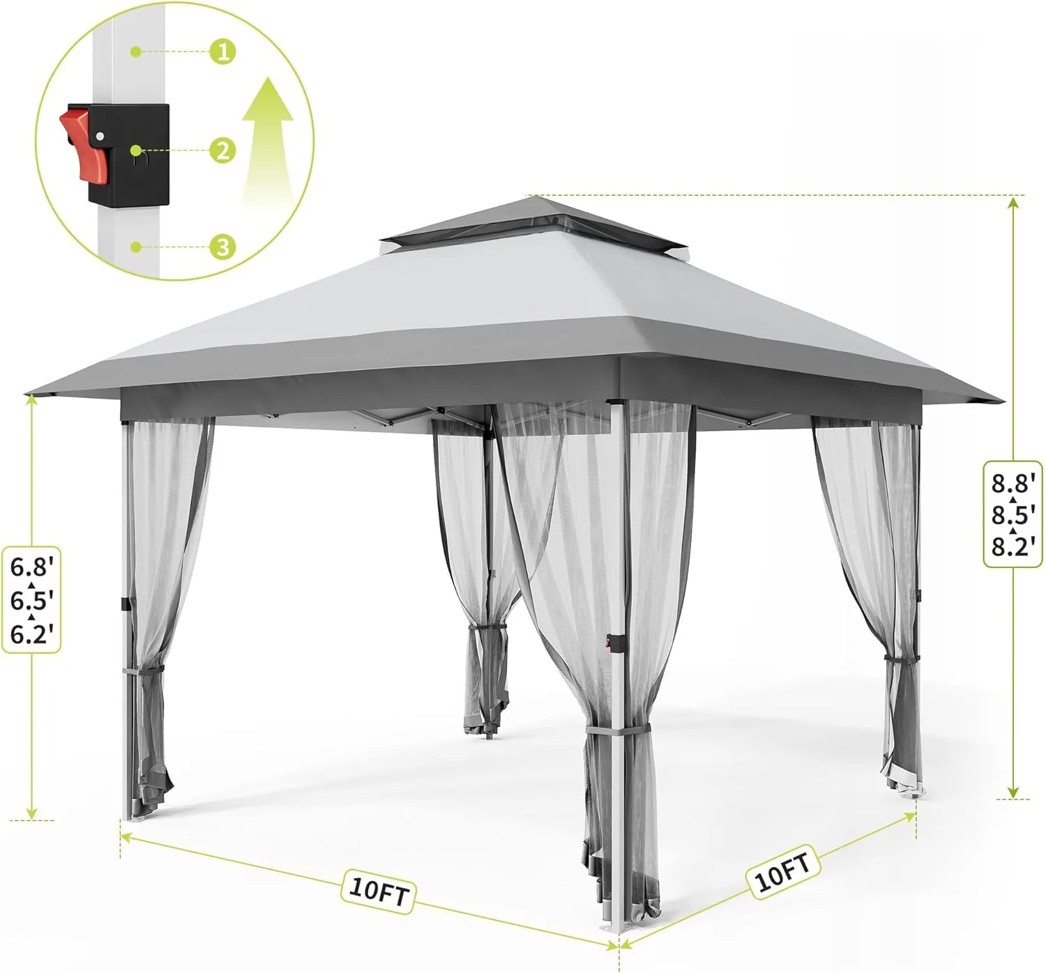10x10 FT Canopy Tent, Pop Up Gazebo with Mosquito Netting, Adjustable Height Outdoor Gazebo with Wheeled Carry Bag for Backyard, Garden, Patio -All-Weather UV/Waterproof Shelter