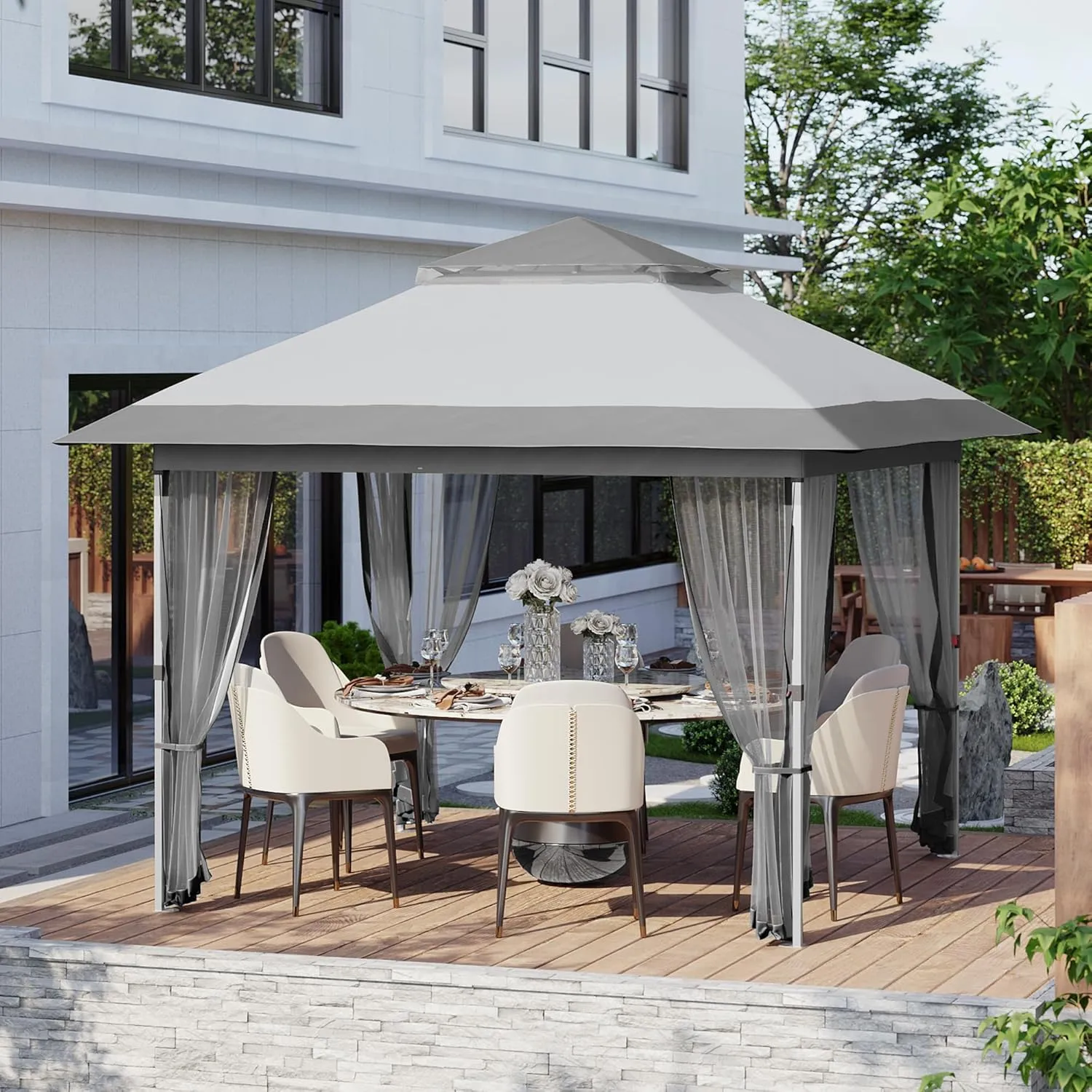 10x10 FT Canopy Tent, Pop Up Gazebo with Mosquito Netting, Adjustable Height Outdoor Gazebo with Wheeled Carry Bag for Backyard, Garden, Patio -All-Weather UV/Waterproof Shelter