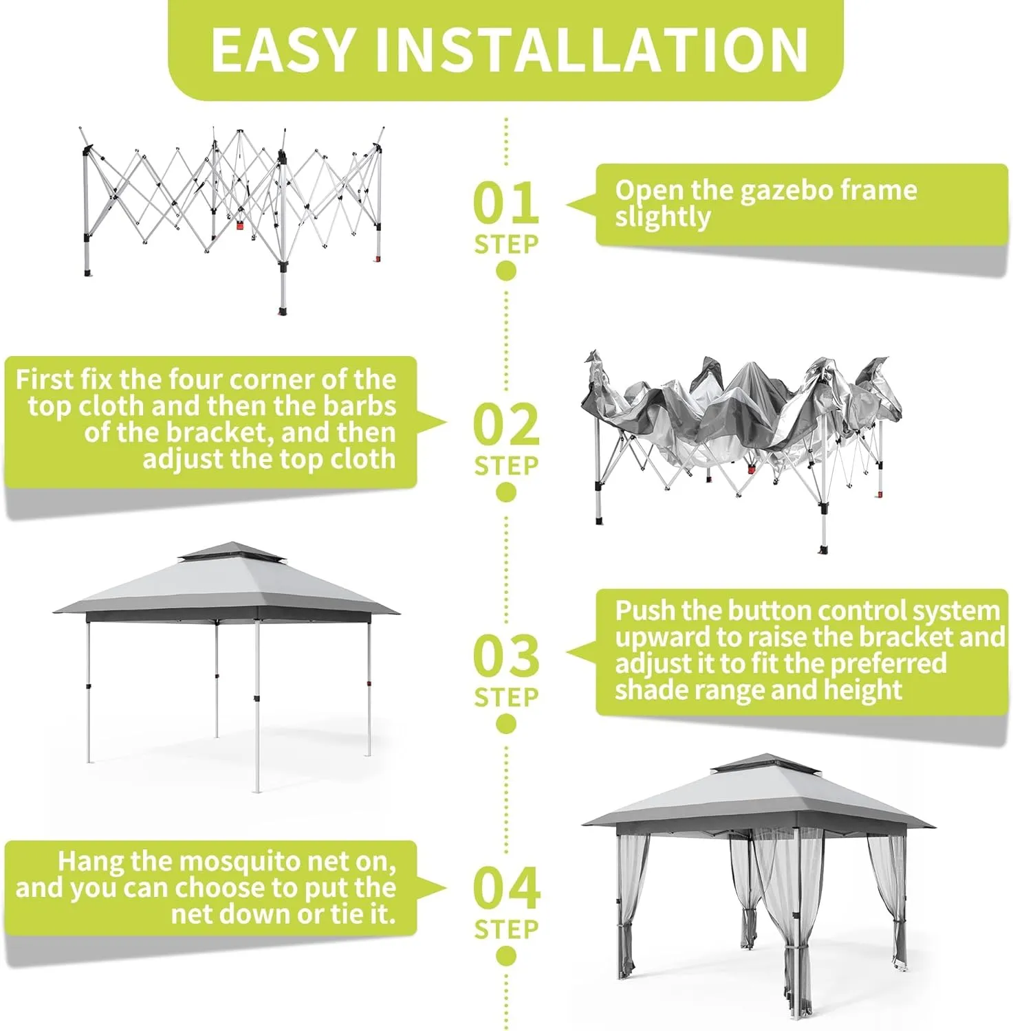 10x10 FT Canopy Tent, Pop Up Gazebo with Mosquito Netting, Adjustable Height Outdoor Gazebo with Wheeled Carry Bag for Backyard, Garden, Patio -All-Weather UV/Waterproof Shelter