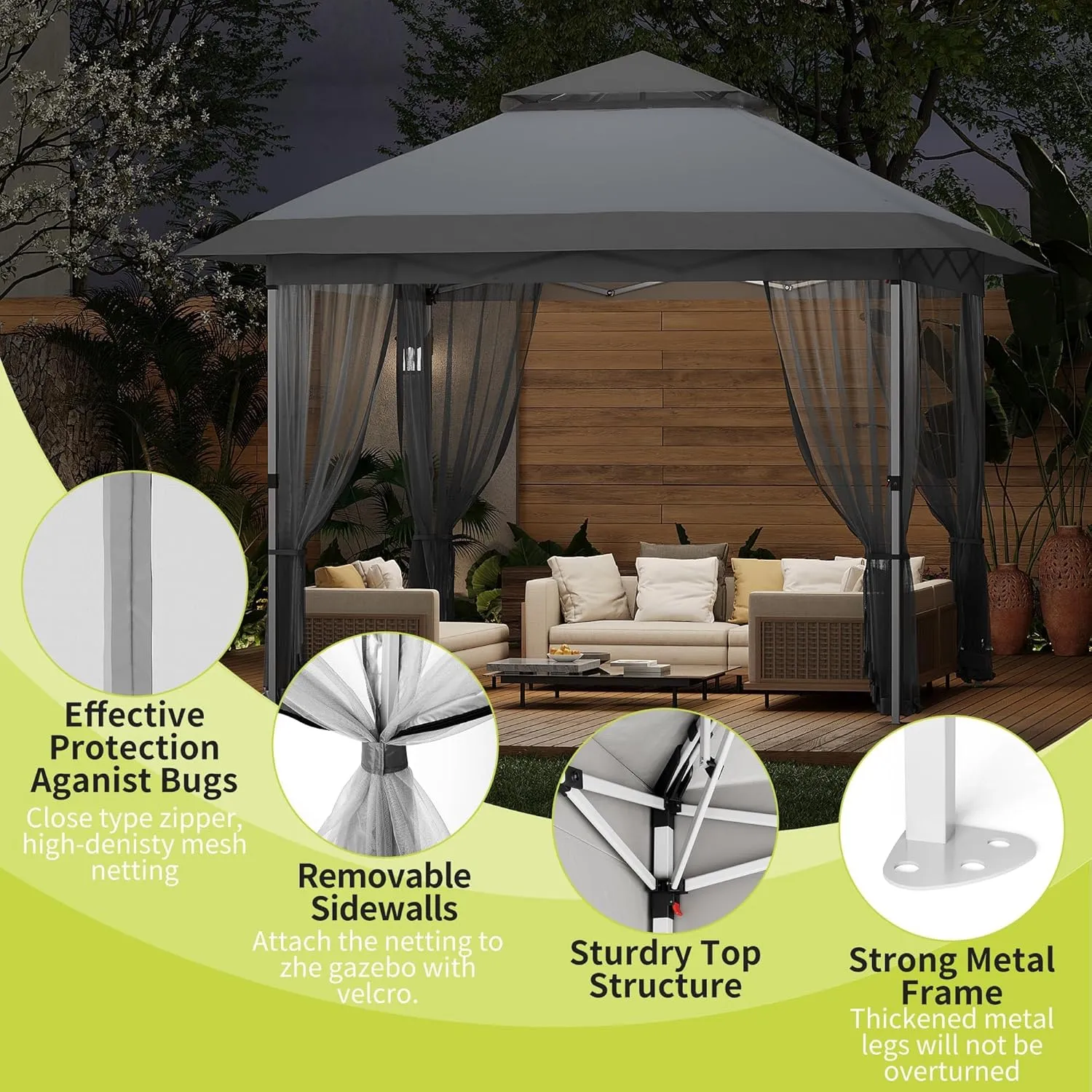 10x10 FT Canopy Tent, Pop Up Gazebo with Mosquito Netting, Adjustable Height Outdoor Gazebo with Wheeled Carry Bag for Backyard, Garden, Patio -All-Weather UV/Waterproof Shelter