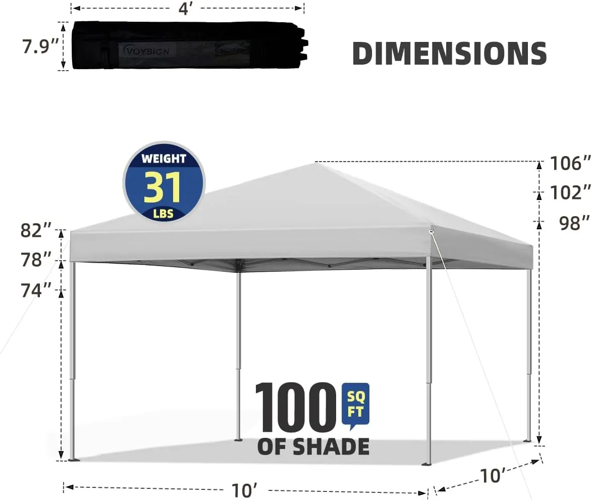10x10 Pop Up Canopy Tent, Outdoor Canopy for Patio with Roller Bag, 3 Adjustable Heights, Outdoor Tent Canopy for Backyard/Bench/Garden,White