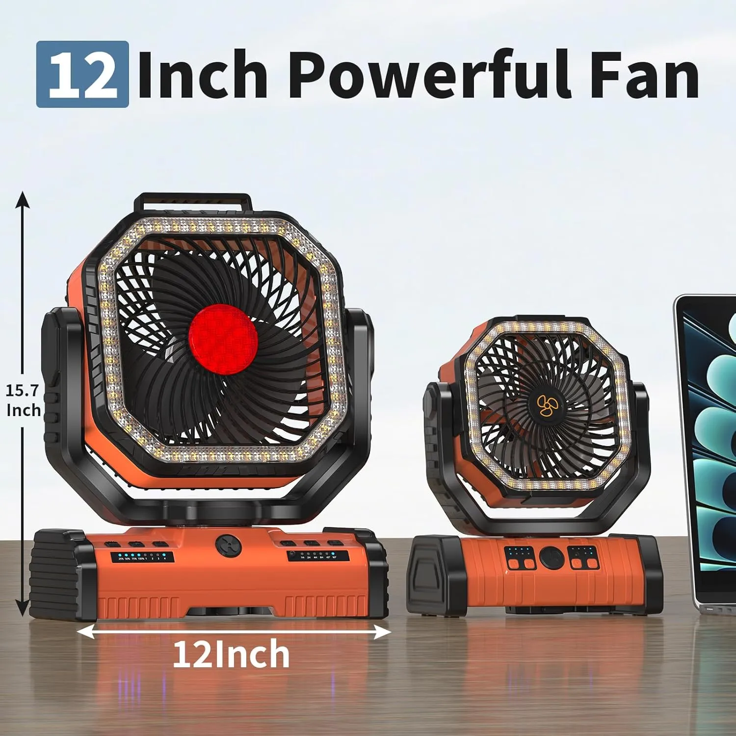 12 Inch Portable Camping Fan, 40000mAh Rechargeable Battery Powered Fan with 4 Speeds Wind and LED Light 140H, Cool & Warm Light and SOS Mode, Auto Oscillating, 360° Rotating Hang Hook(Orange)