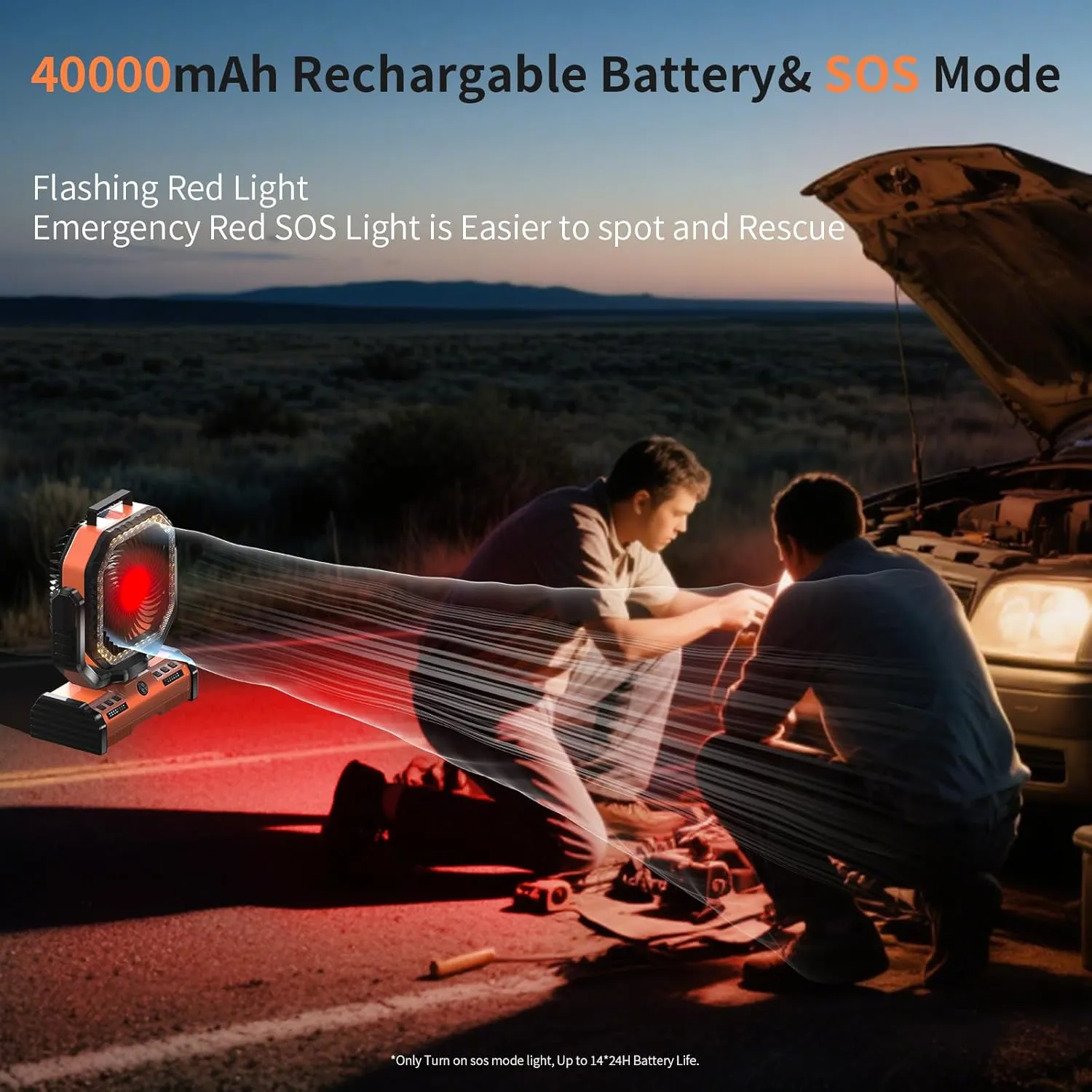 12 Inch Portable Camping Fan, 40000mAh Rechargeable Battery Powered Fan with 4 Speeds Wind and LED Light 140H, Cool & Warm Light and SOS Mode, Auto Oscillating, 360° Rotating Hang Hook(Orange)
