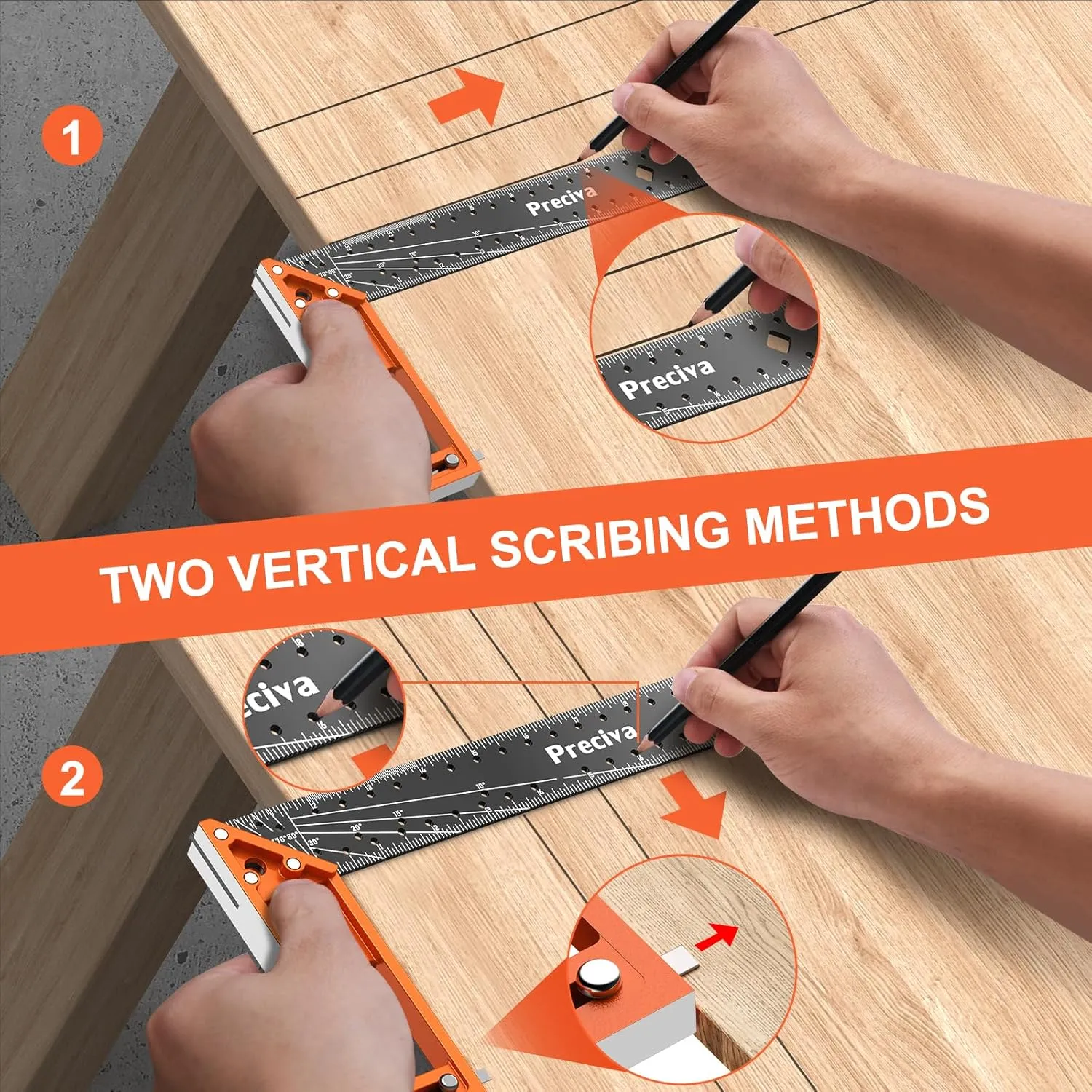 12” Woodworking Square Ruler - Preciva Right Angle Ruler Carpenter Square Layout Tool, Features Stainless Steel Blade, Retractable Ledge, 1/16” and 1/32” Notch Spacing and Multi-Angle Scribe Mark