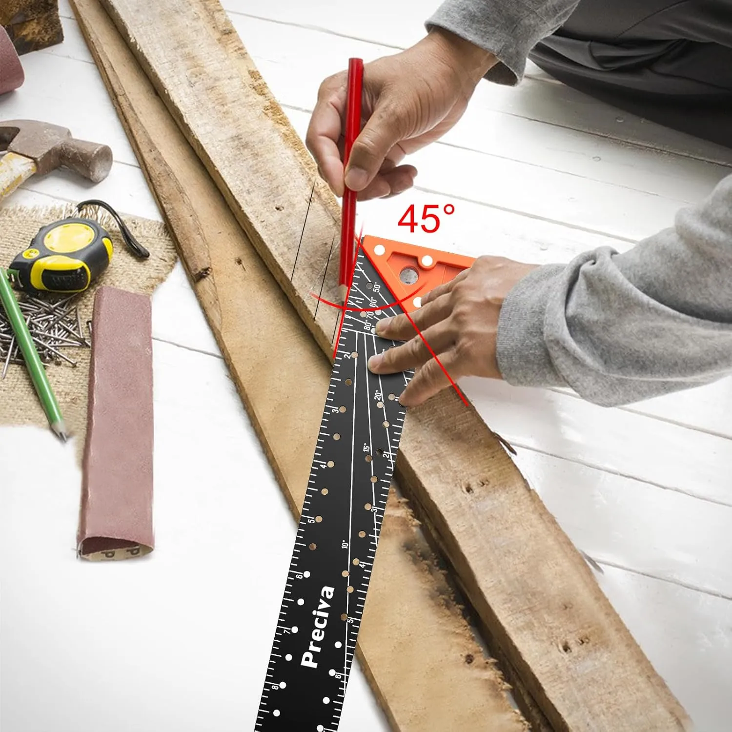 12” Woodworking Square Ruler - Preciva Right Angle Ruler Carpenter Square Layout Tool, Features Stainless Steel Blade, Retractable Ledge, 1/16” and 1/32” Notch Spacing and Multi-Angle Scribe Mark