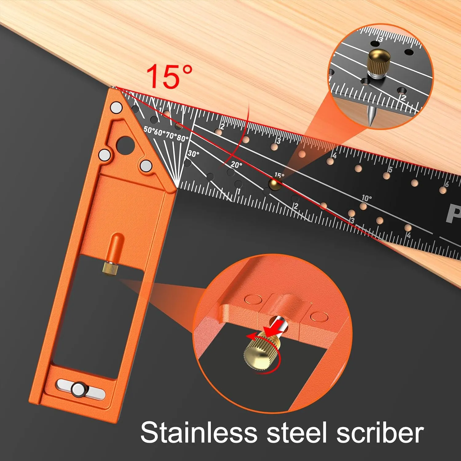 12” Woodworking Square Ruler - Preciva Right Angle Ruler Carpenter Square Layout Tool, Features Stainless Steel Blade, Retractable Ledge, 1/16” and 1/32” Notch Spacing and Multi-Angle Scribe Mark
