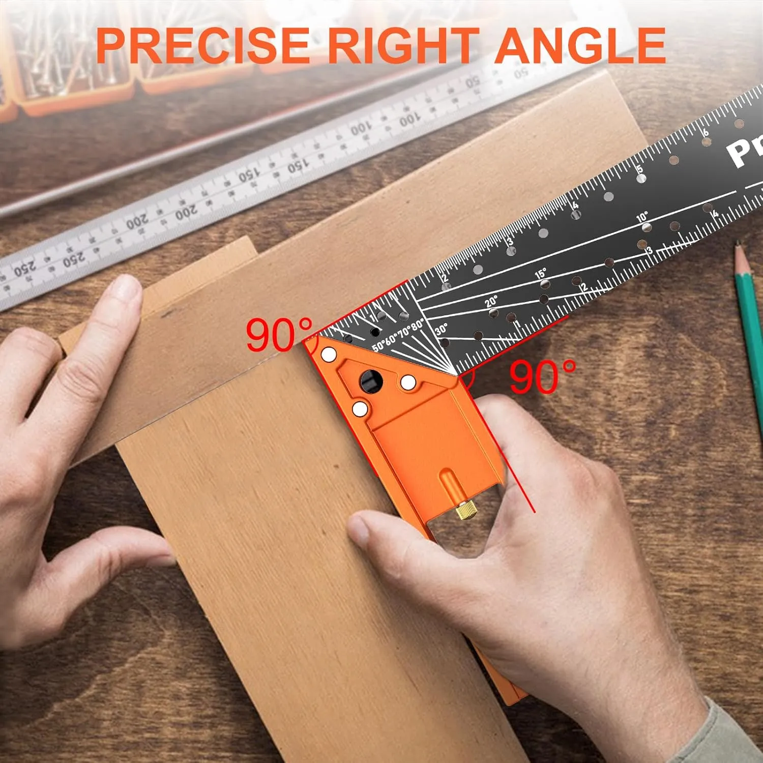 12” Woodworking Square Ruler - Preciva Right Angle Ruler Carpenter Square Layout Tool, Features Stainless Steel Blade, Retractable Ledge, 1/16” and 1/32” Notch Spacing and Multi-Angle Scribe Mark