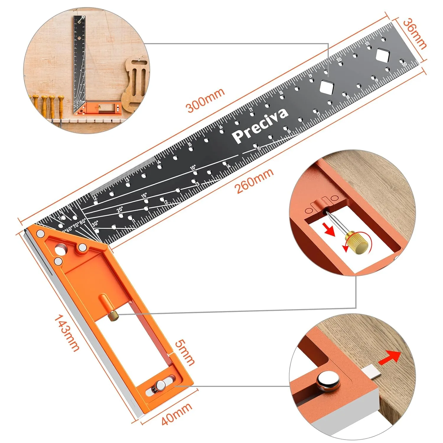 12” Woodworking Square Ruler - Preciva Right Angle Ruler Carpenter Square Layout Tool, Features Stainless Steel Blade, Retractable Ledge, 1/16” and 1/32” Notch Spacing and Multi-Angle Scribe Mark