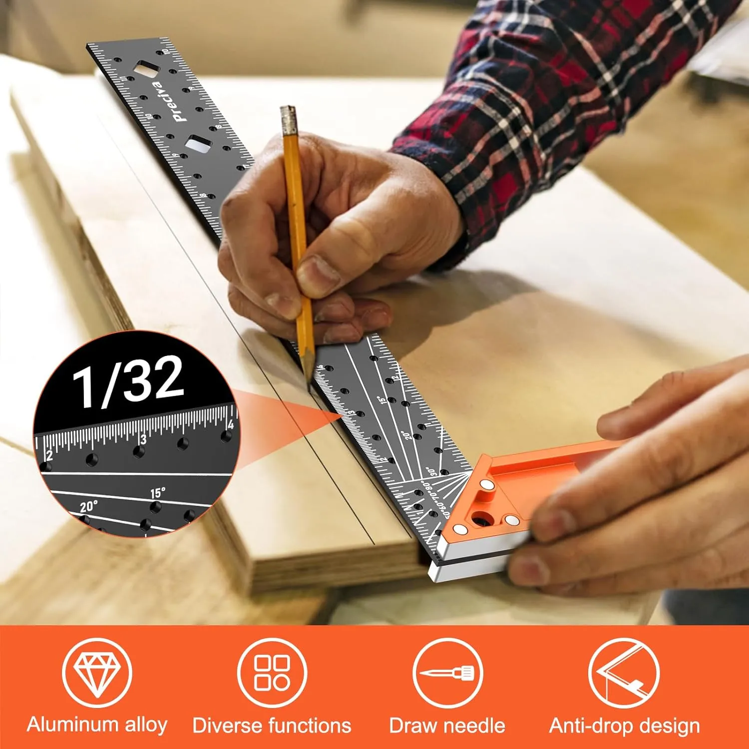 12” Woodworking Square Ruler - Preciva Right Angle Ruler Carpenter Square Layout Tool, Features Stainless Steel Blade, Retractable Ledge, 1/16” and 1/32” Notch Spacing and Multi-Angle Scribe Mark