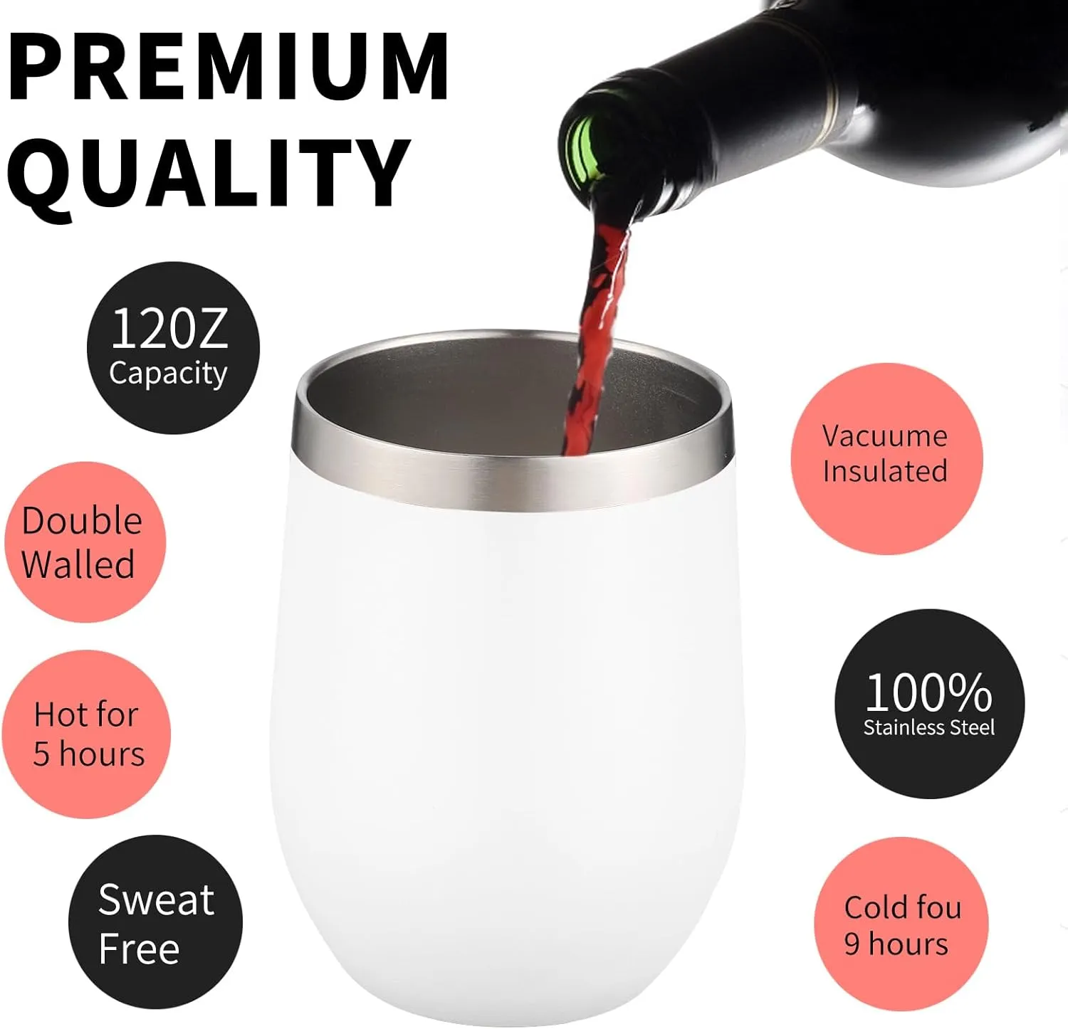 12oz/4 Pack Wine Tumbler Glasses with Lid Stemless Double Wall Vacuum Stainless Steel Travel Tumbler Keeping Cold & Hot for Wine,Coffee,Cocktails,Christmas Drinks-Family and Gifts(4 pack-White)