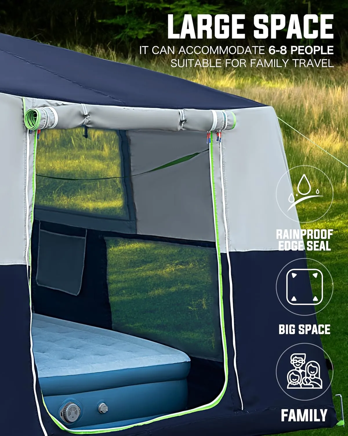 14.1'x6.5'x9' Inflatable Tents for Camping, Portable 6/8/10 Person Blow Up Air Tent, Waterproof Windproof Easy Setup Large Family Tent with 2 Doors, 6 Windows, Mosquito Screen