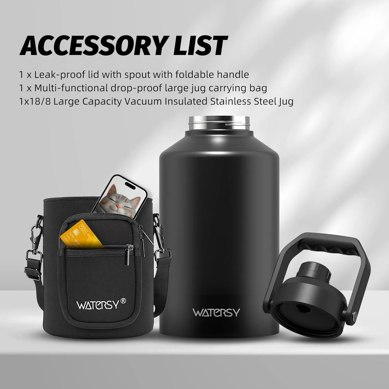1.5 Gallon Water Bottle Insulated(Cold for 48 Hrs),BPA Free&Leak Proof,196oz Stainless Steel Water Jug,Big thermos,Large Water Bottle with Handle for Gym,Hiking,Camping&Travel,Black