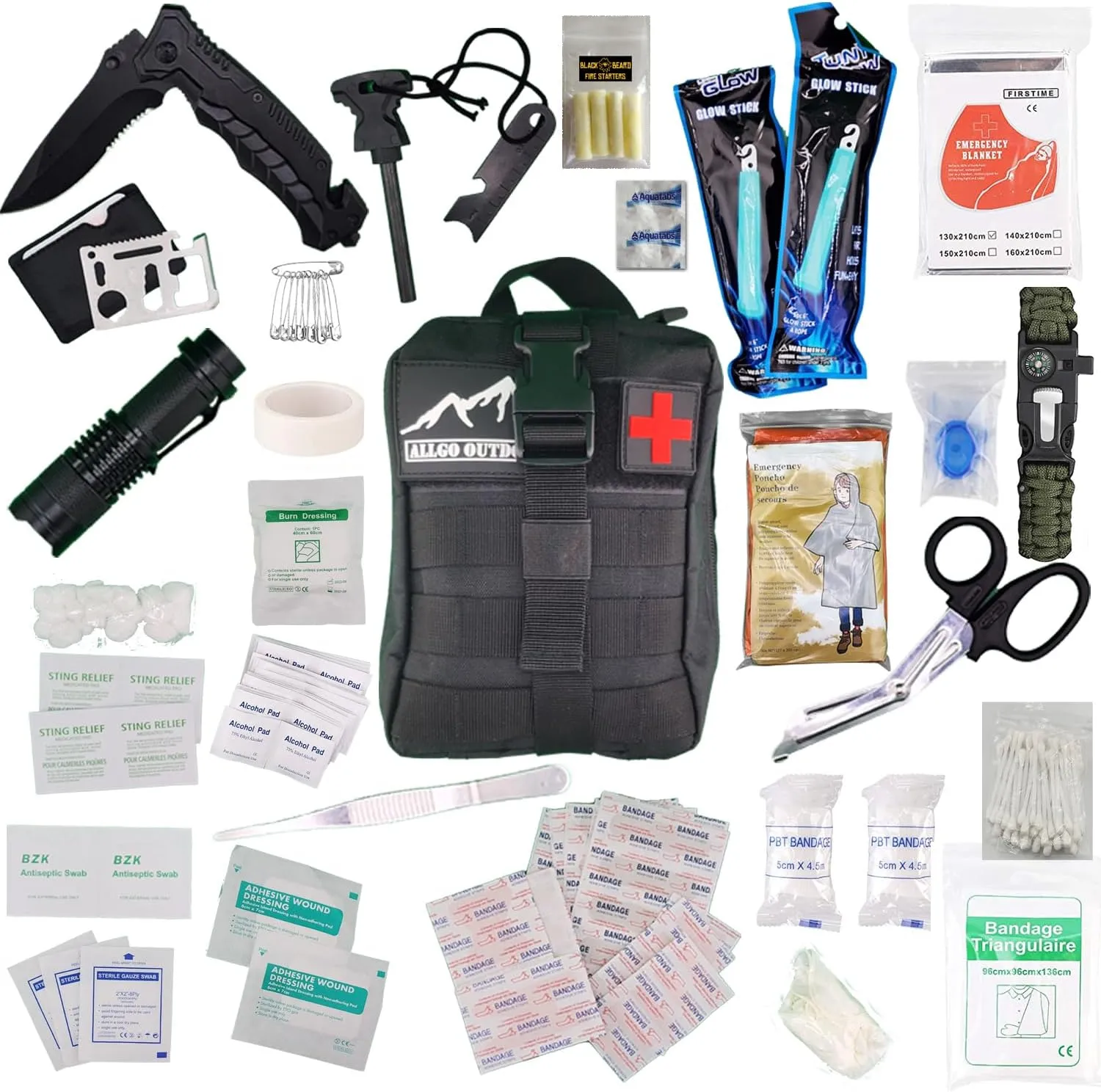 150  Tactical Survival and Med Kit Emergency First Aid Kit Bug Out Gear with Molle Survival Disaster Hiking Kit #3 - Black