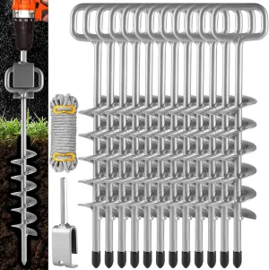 15in Screw in Tent Stakes for 2025 - Ground Anchors Screw in, with Tent Stakes Heavy Duty Adapter & 30ft Nylon Rope – Perfect for Tent Anchors, Ground Anchors Heavy Duty (Silver,12PCS)