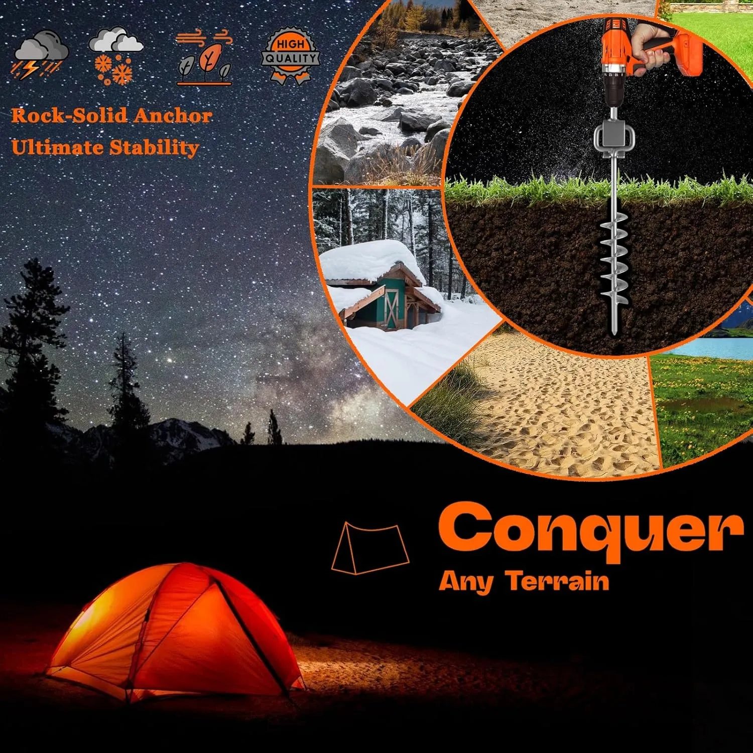 15in Screw in Tent Stakes for 2025 - Ground Anchors Screw in, with Tent Stakes Heavy Duty Adapter & 30ft Nylon Rope – Perfect for Tent Anchors, Ground Anchors Heavy Duty (Silver,12PCS)