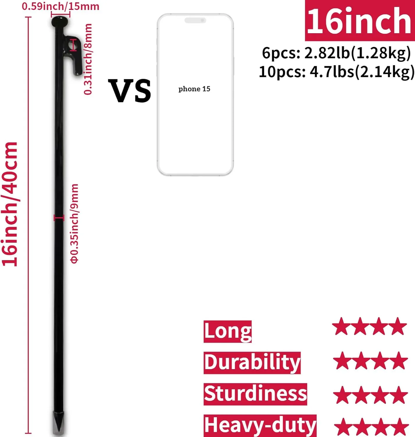 16Inch Heavy Duty Steel Tent Stakes – 6 Pack Extra Long, Unbreakable Camping Pegs for Windproof, Rocky, Beach and Backyard – Durable and Inflexible for All Weather