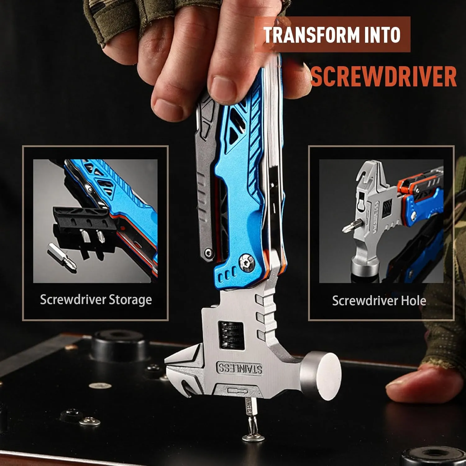 17 IN 1 Adjustable Wrench Multitool Hammer, All-in-One Survival Camping Multi Tool, Hiking, and Everyday Use(Black)