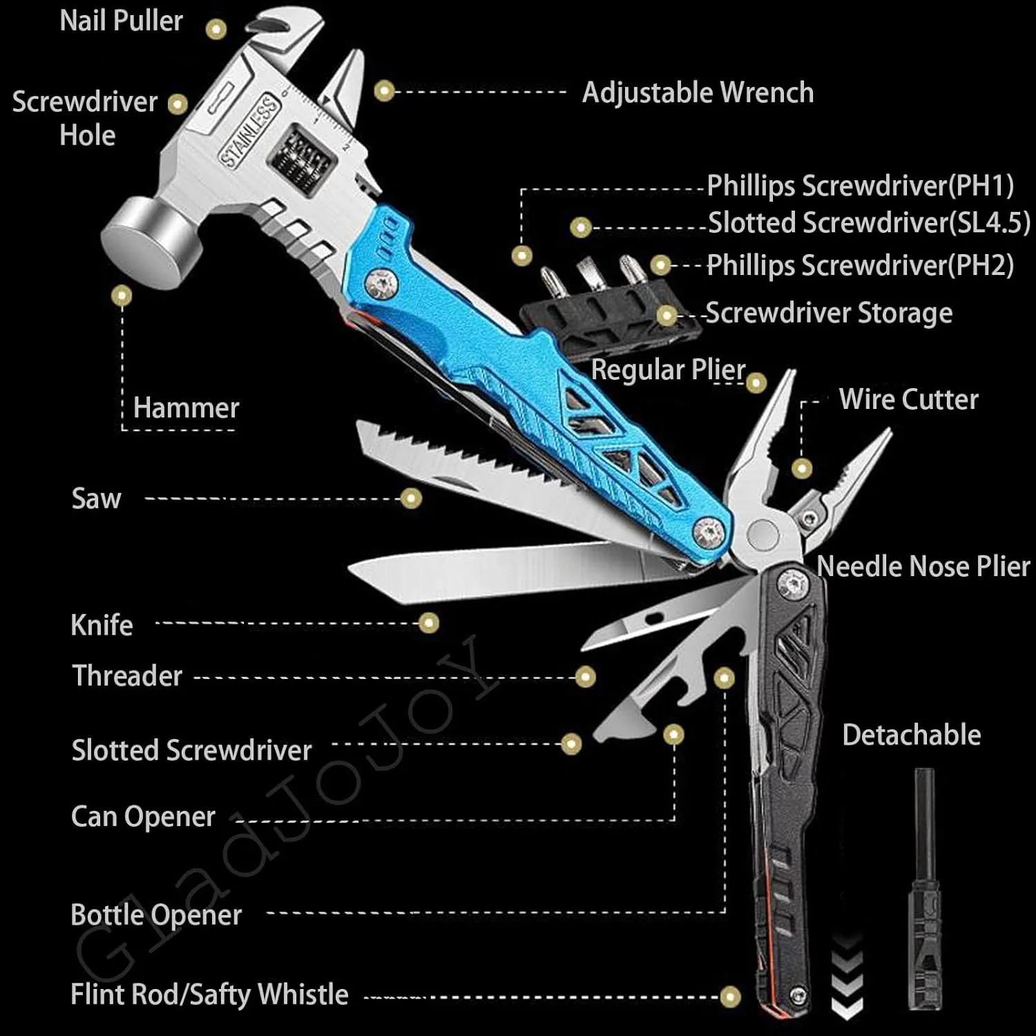 17 IN 1 Adjustable Wrench Multitool Hammer, All-in-One Survival Camping Multi Tool, Hiking, and Everyday Use(Black)
