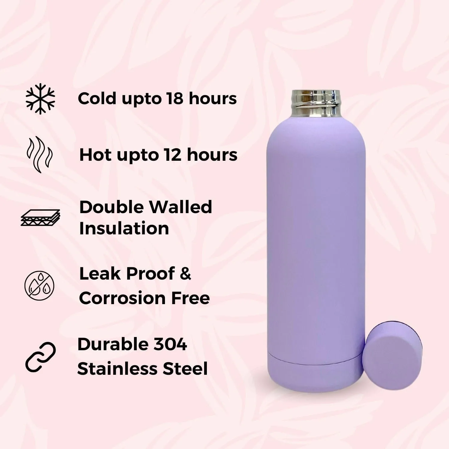17oz Matte Finish Stainless Steel Water Bottle | Vacuum Insulated Travel Bottle | 12 hrs Hot & 18 hrs Cold | Smooth Rubber Finish Water Bottle (Lilac)