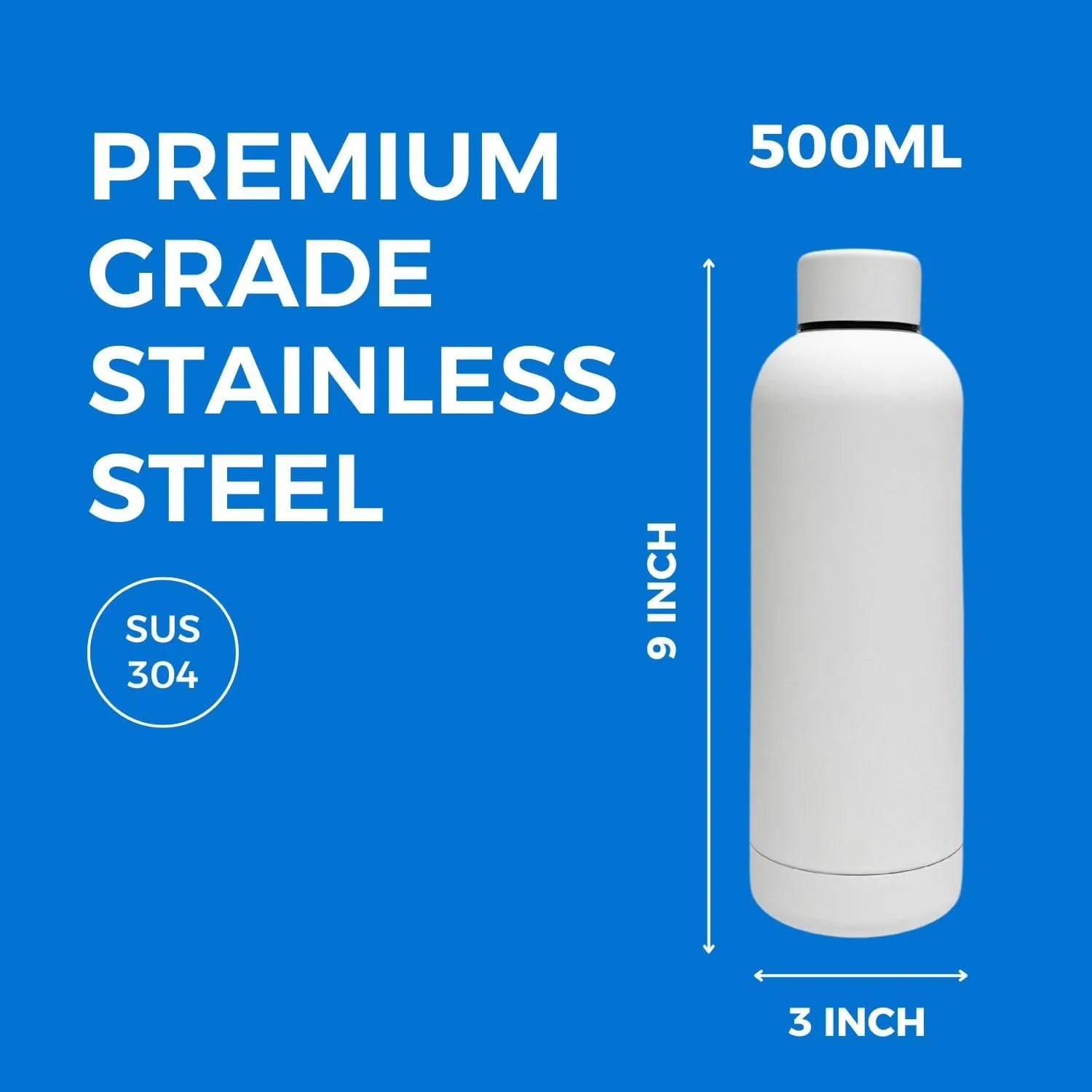 17oz Matte Finish Stainless Steel Water Bottle | Vacuum Insulated Travel Bottle | 12 hrs Hot & 18 hrs Cold | Smooth Rubber Finish Water Bottle (White)