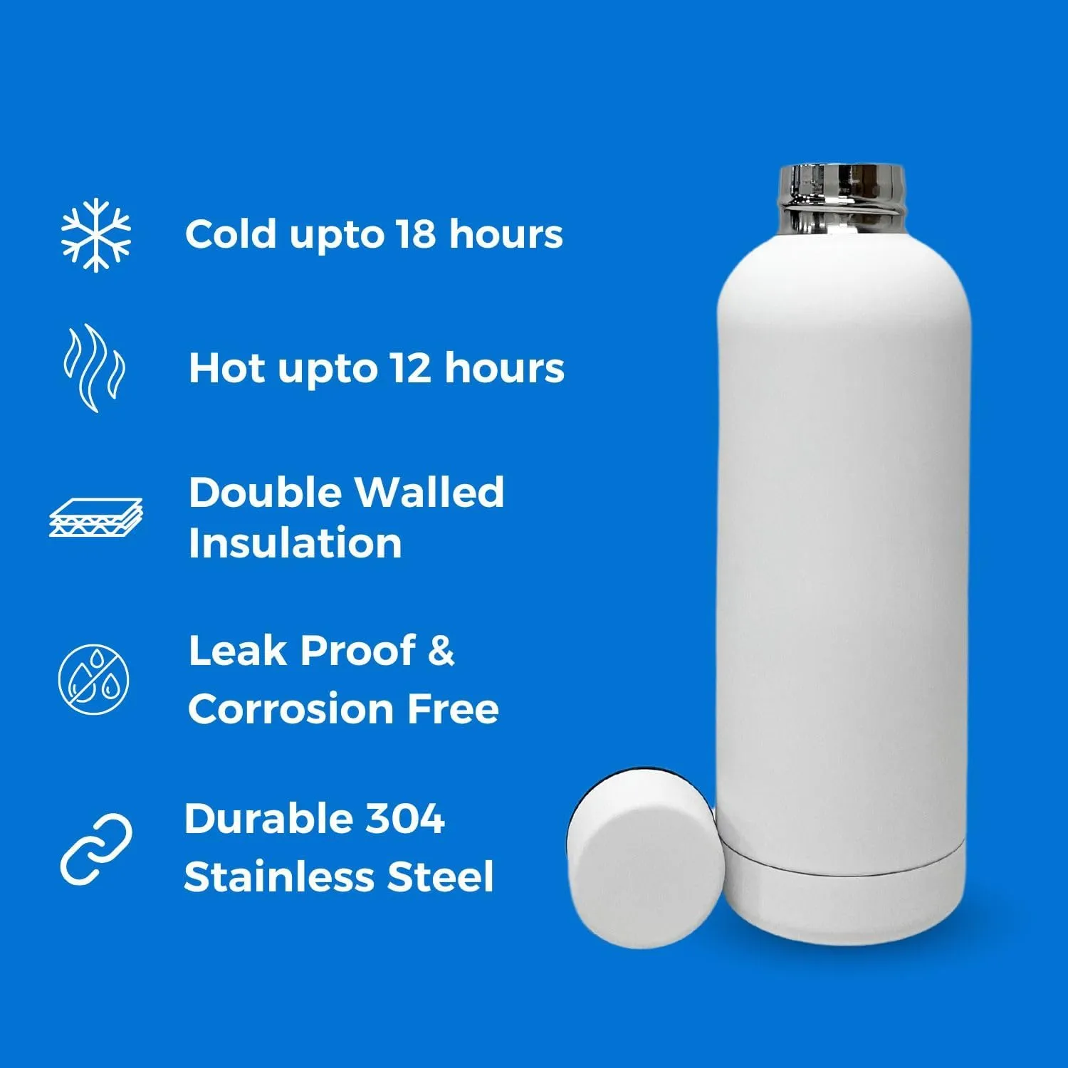 17oz Matte Finish Stainless Steel Water Bottle | Vacuum Insulated Travel Bottle | 12 hrs Hot & 18 hrs Cold | Smooth Rubber Finish Water Bottle (White)