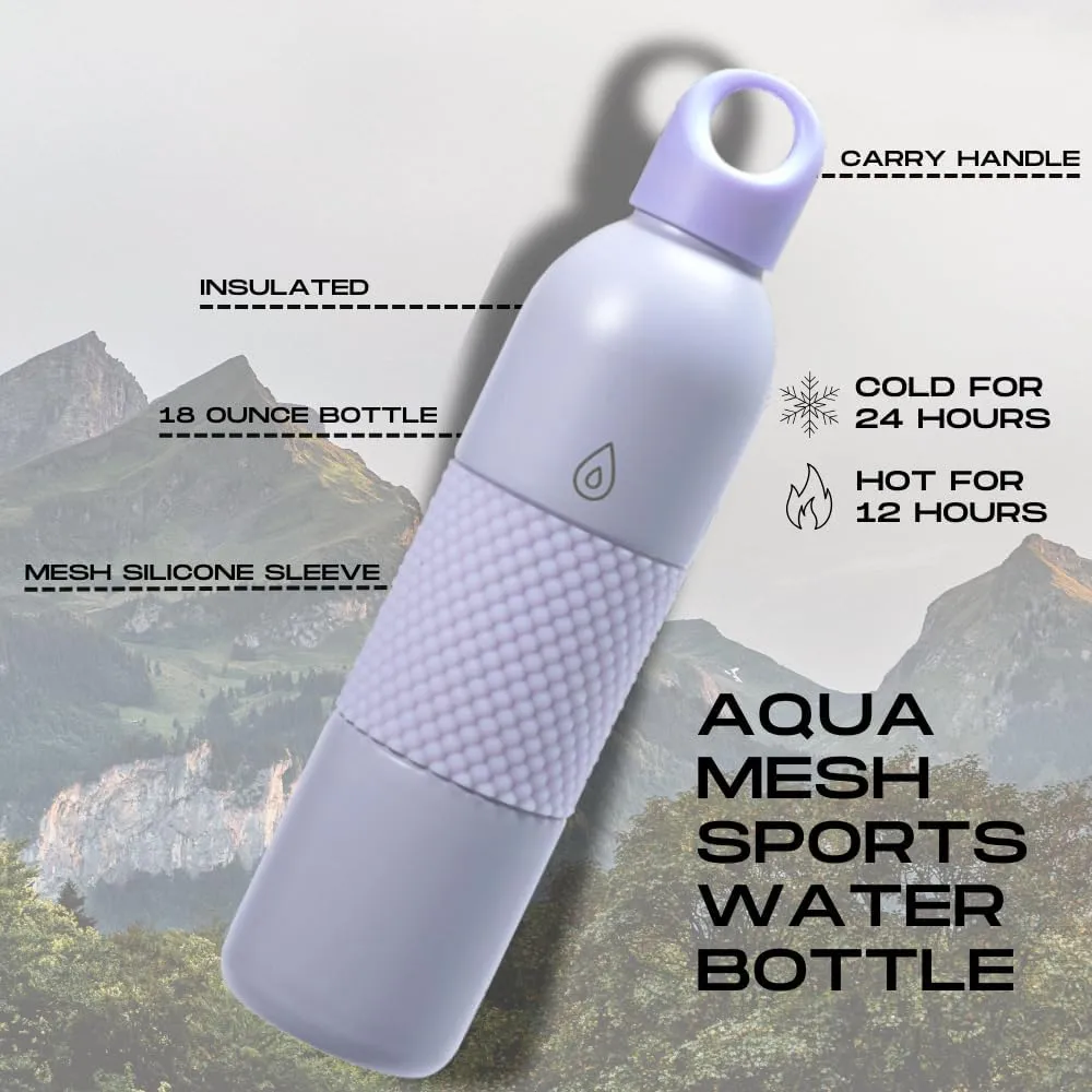 18Oz Aqua Mesh Insulated Sports Water Bottle with Screw Top Lid, Leak Proof Stainless Steel Water Bottle with Handle, Spill Proof Thermos or Water Jug for Gym, Home or Office Chug-Light Purple