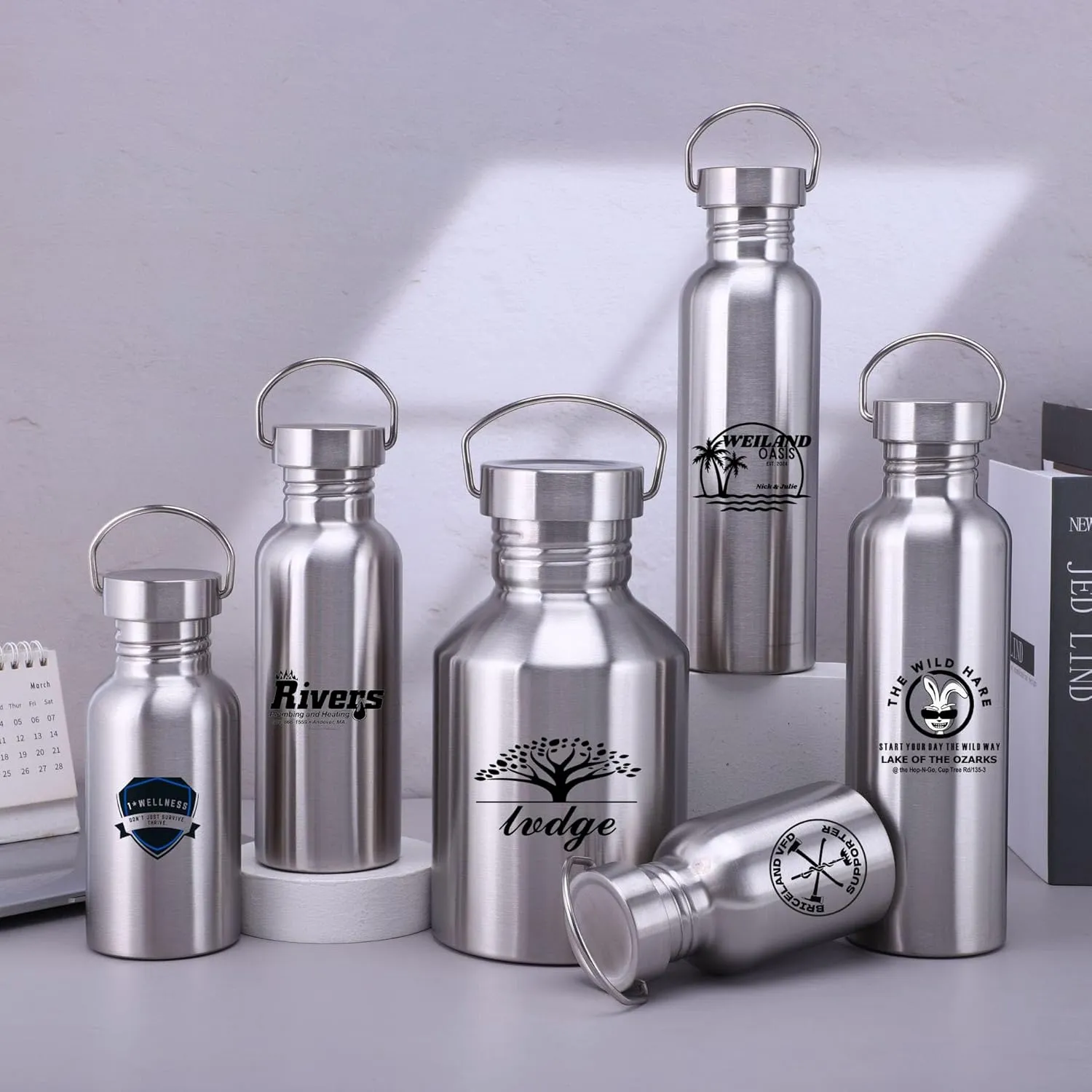 2 Pack Customized Logo Stainless Steel Sports Water Bottle – Durable, Non-Insulated Metal Cups for Outdoor, Hiking & Fitness (34oz / 1000ml)