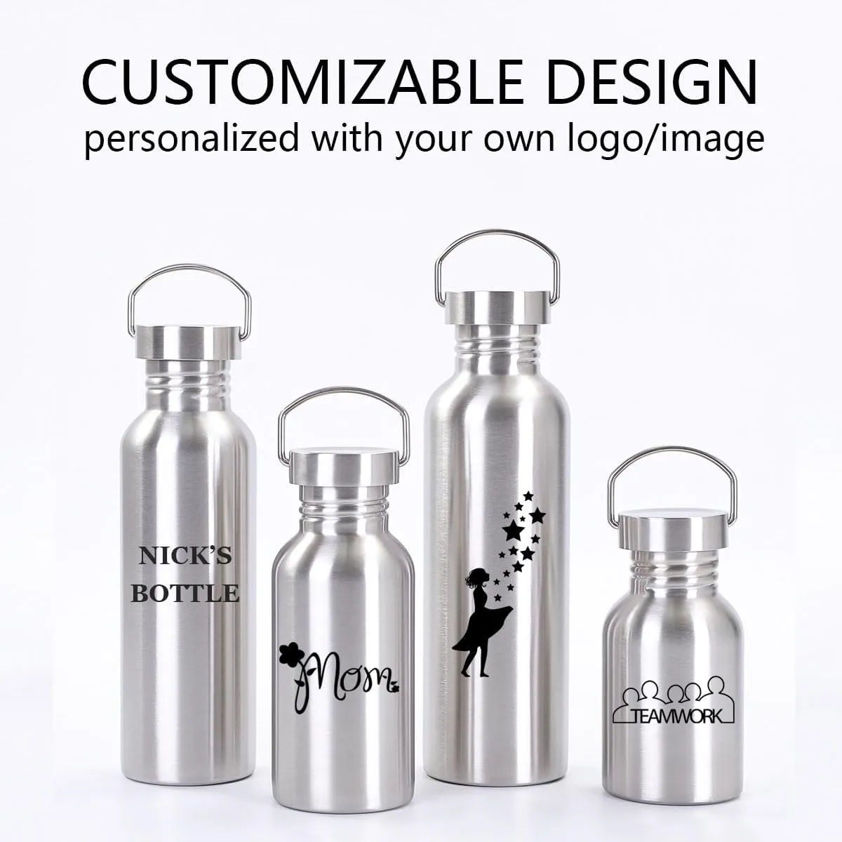 2 Pack Customized Logo Stainless Steel Sports Water Bottle – Durable, Non-Insulated Metal Cups for Outdoor, Hiking & Fitness (34oz / 1000ml)