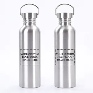 2 Pack Customized Logo Stainless Steel Sports Water Bottle – Durable, Non-Insulated Metal Cups for Outdoor, Hiking & Fitness (34oz / 1000ml)