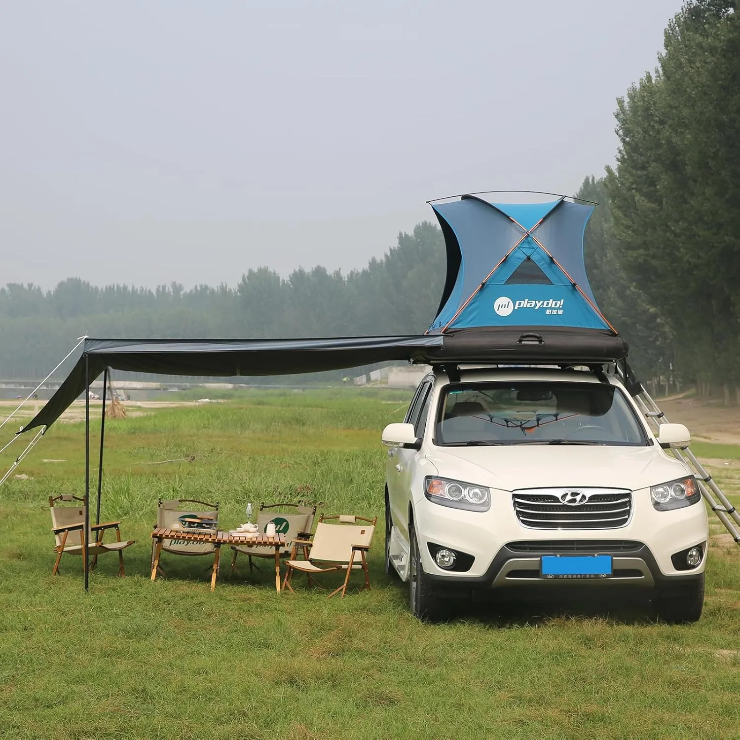 2 Person Inflatable Car Roof Top Tent with Pump and Awning, 4 Season Camping Dome Roof Top Tent for SUV, Truck and Universal Car Tent, Easy Setup