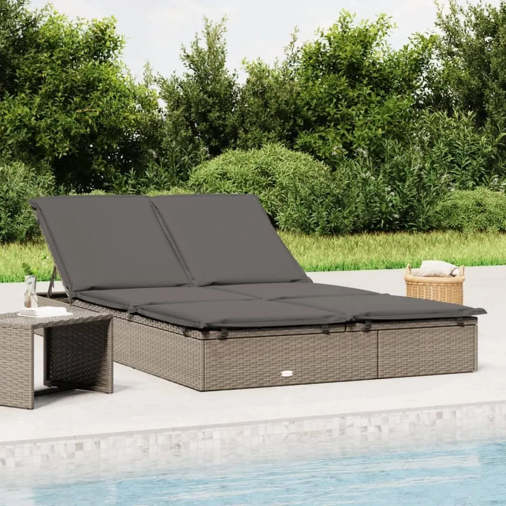 2-Person Sunbed with Cushions Gray Poly Rattanoutdoor Lounge Chairs Tanning Chair Camping Chairs Recliner chairSuitable for Gardens, courtyards