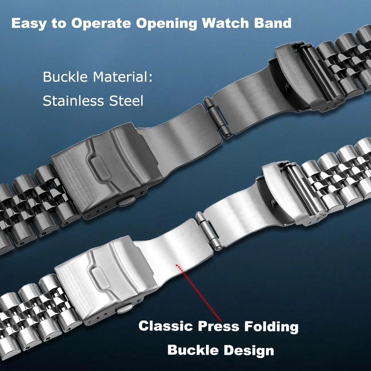 20mm 22mm 23mm 24mm Stainless Steel Watch Band Curved Ends Tapered Metal Watch Bracelet for Men Women Jubilee Bracelet Watch Strap Deployment Double Flip Lock Buckle Black Silver