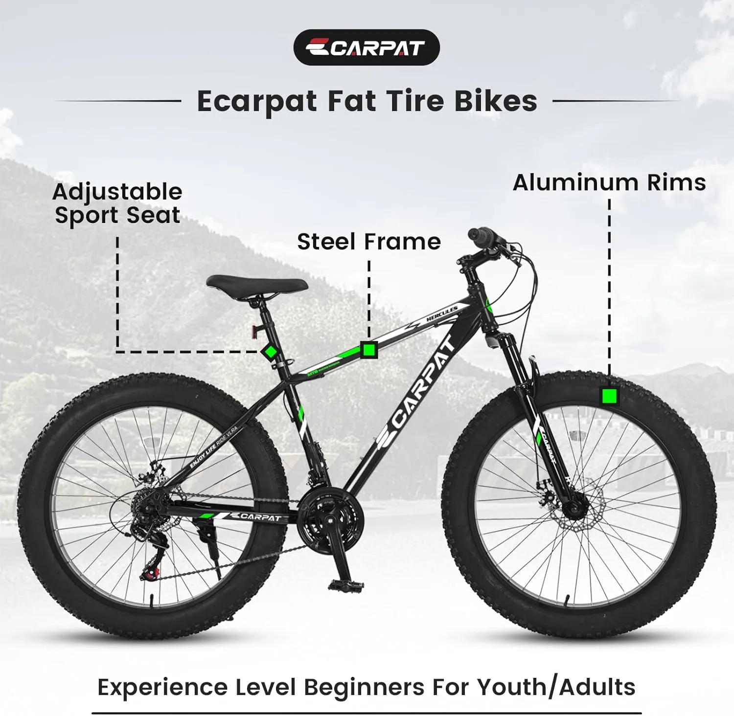 26 Inch Fat Tires Mountain Bike, 21-Speed All Terrain Bicycle with Disc Brakes & 4" Wide Fat Tire, City Snow Beach for Adults and Teenagers, Men's and Women's Mountain Bikes