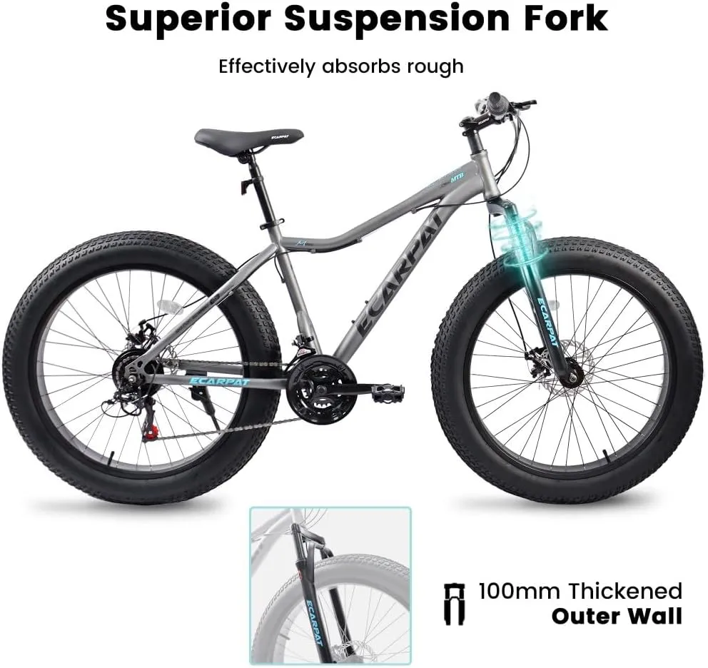 26 Inch Fat Tires Mountain Bike, 21-Speed All Terrain Bicycle with Disc Brakes & 4" Wide Fat Tire, City Snow Beach for Adults and Teenagers, Men's and Women's Mountain Bikes
