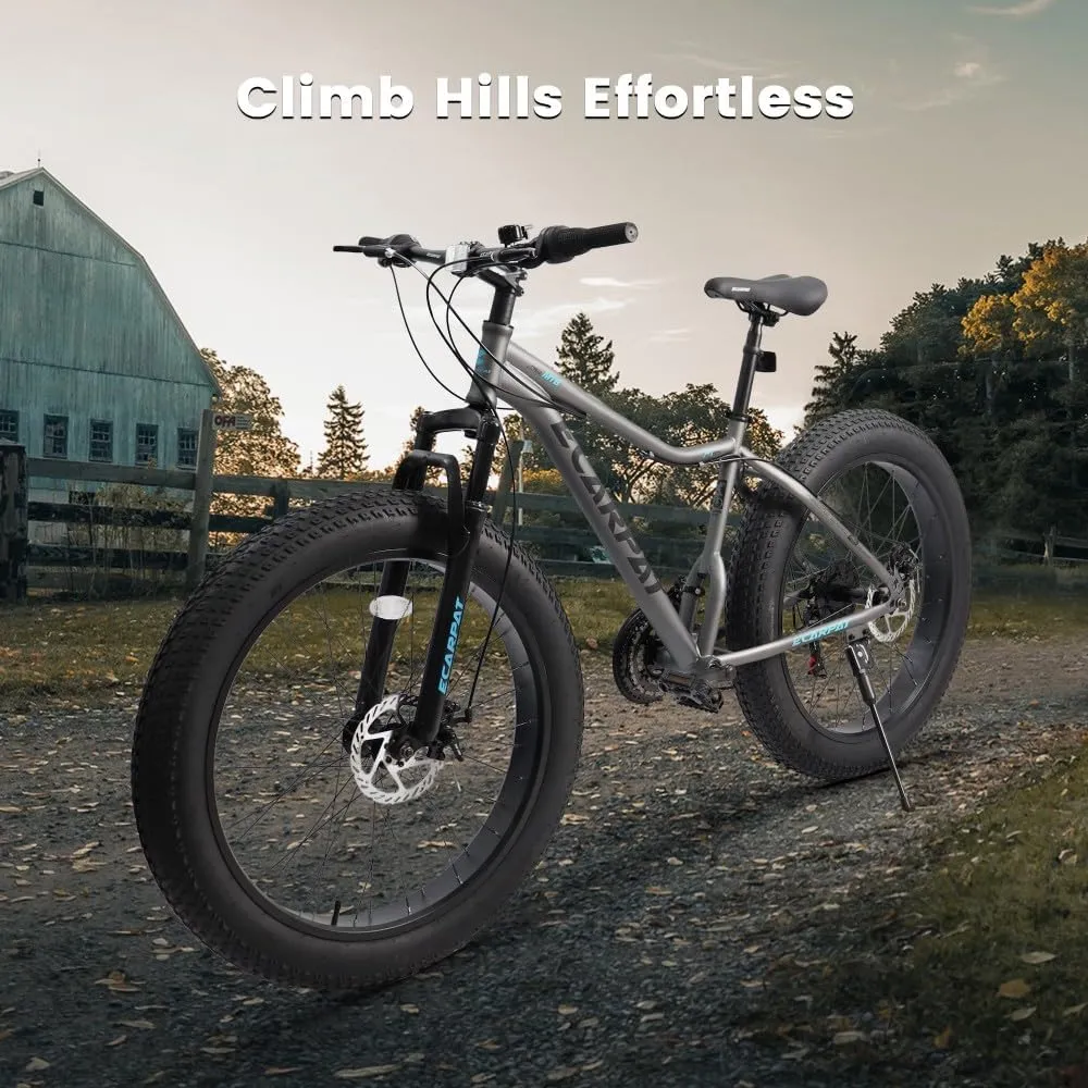 26 Inch Fat Tires Mountain Bike, 21-Speed All Terrain Bicycle with Disc Brakes & 4" Wide Fat Tire, City Snow Beach for Adults and Teenagers, Men's and Women's Mountain Bikes