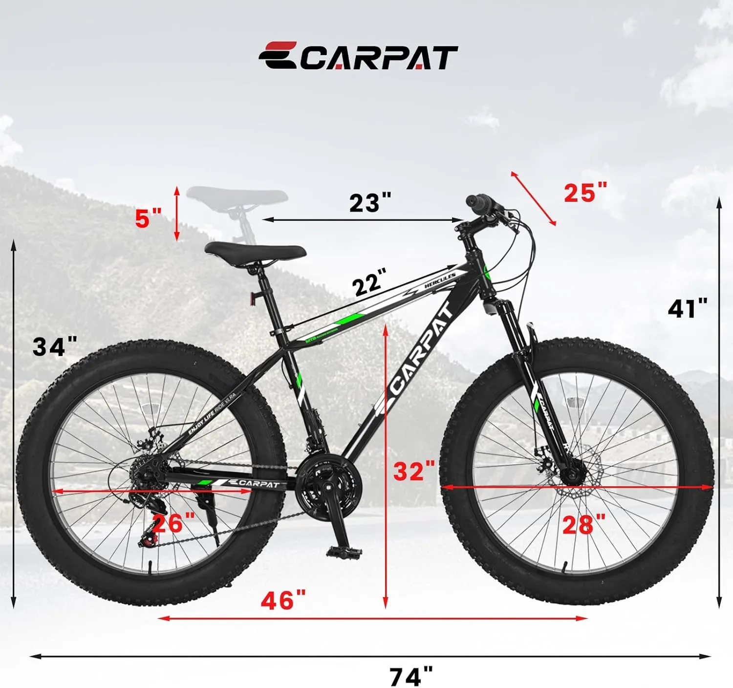 26 Inch Fat Tires Mountain Bike, 21-Speed All Terrain Bicycle with Disc Brakes & 4" Wide Fat Tire, City Snow Beach for Adults and Teenagers, Men's and Women's Mountain Bikes
