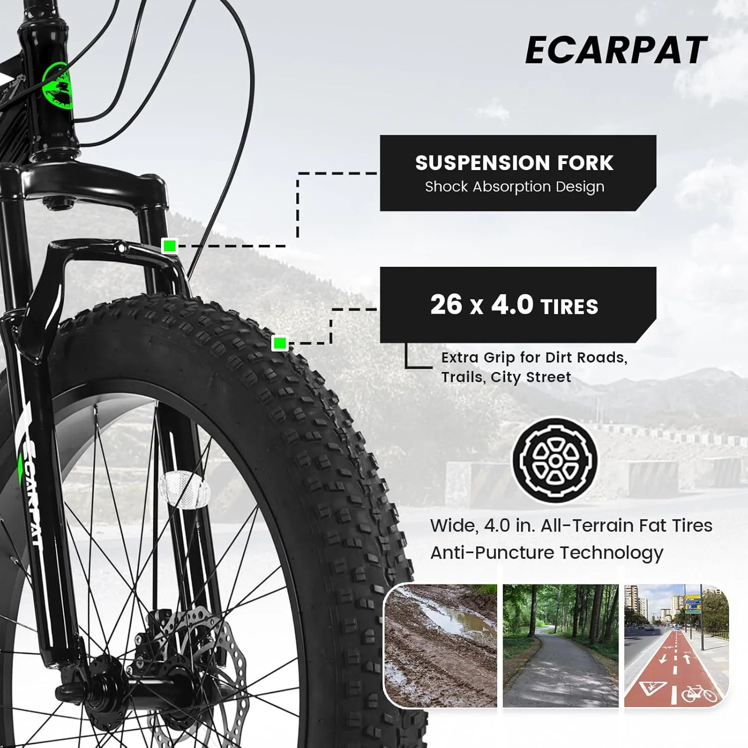 26 Inch Fat Tires Mountain Bike, 21-Speed All Terrain Bicycle with Disc Brakes & 4" Wide Fat Tire, City Snow Beach for Adults and Teenagers, Men's and Women's Mountain Bikes