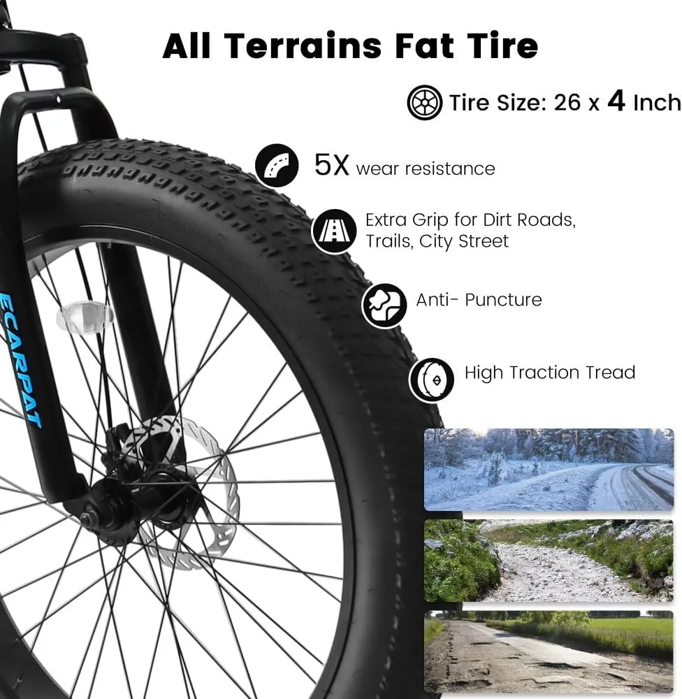26 Inch Fat Tires Mountain Bike, 21-Speed All Terrain Bicycle with Disc Brakes & 4" Wide Fat Tire, City Snow Beach for Adults and Teenagers, Men's and Women's Mountain Bikes