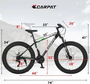 26 Inch Fat Tires Mountain Bike, 21-Speed All Terrain Bicycle with Disc Brakes & 4" Wide Fat Tire, City Snow Beach for Adults and Teenagers, Men's and Women's Mountain Bikes