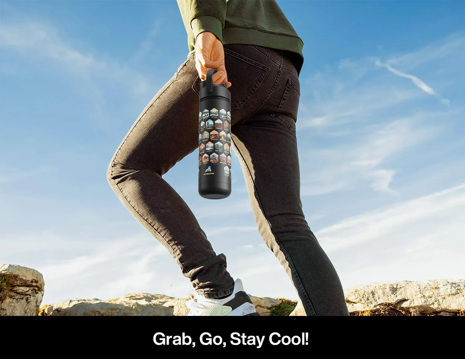 26 oz National Parks Water Bottle with Waterproof Stickers: 2-in-1 Straw Spout Lid, Keep Cold 24H, Leakproof, Car CupHolder Friendly, Insulated Stainless Steel Cup for Travel, Sports, School (Black)