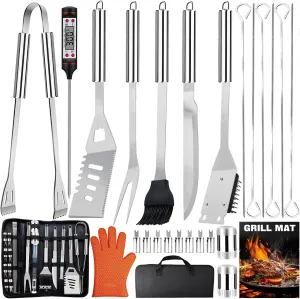 28PCS Stainless Steel BBQ Grill Accessories Set, Grilling Gifts for Men Birthday Father's Day, Portable Multifunction Grilling Utensils Tools Kit with Storage Bag for Outdoor Grill Camping BBQ Party