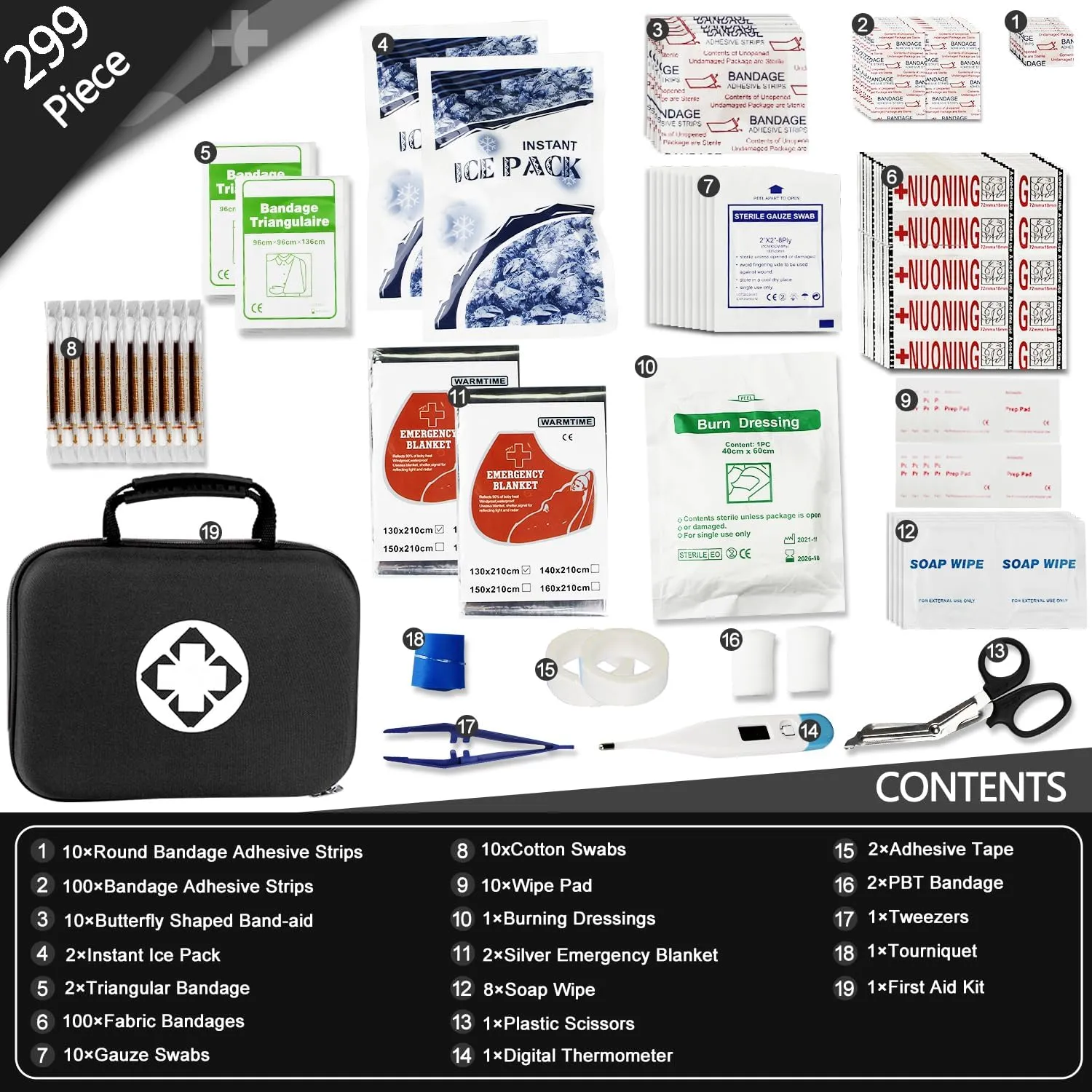 299Pcs Car First Aid Kit for Home Camping Travel Essentials First Aid Black Bag Emegency Supplies Items for Hiking